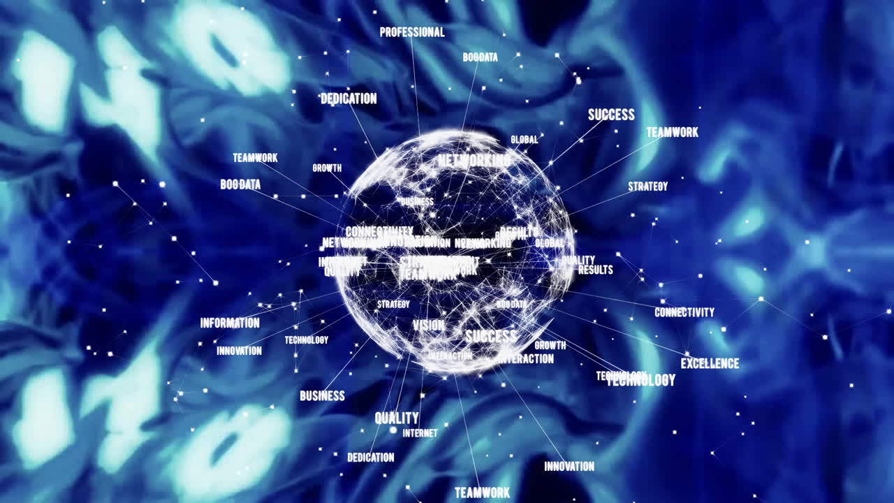 파란색 추상적인 배경 위에 연결 및 키워드 애니메이션의 글로벌 네트워크