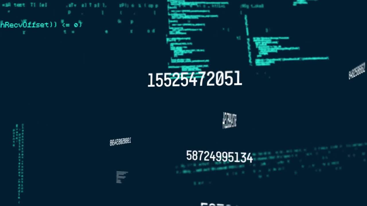 Animation of numbers changing and data processing over dark green background