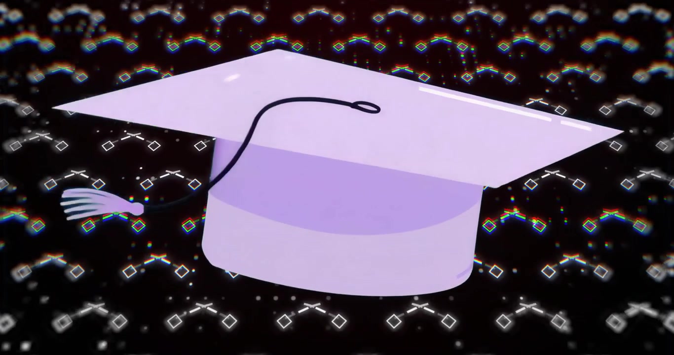Opening mortarboard cap rotating as black tassel drifts across squares celebrating graduation