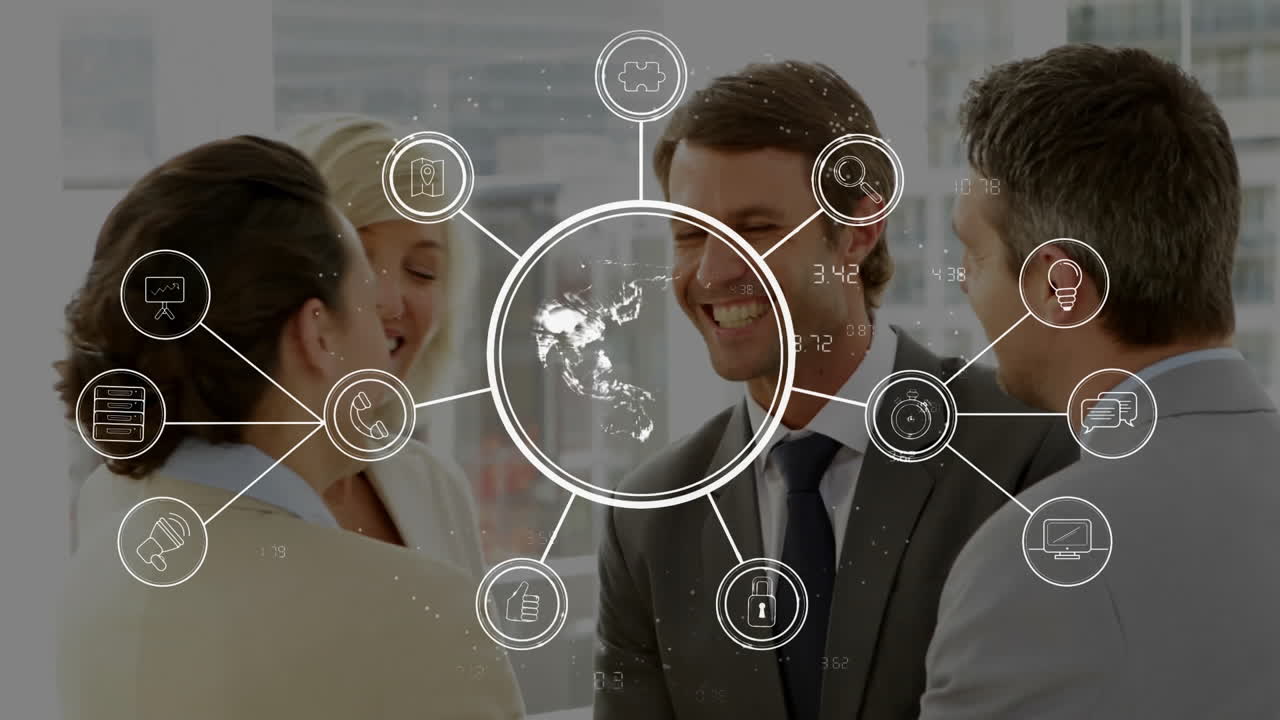 conversando, profesionales diversos con íconos de negocios y animación de conexiones de red