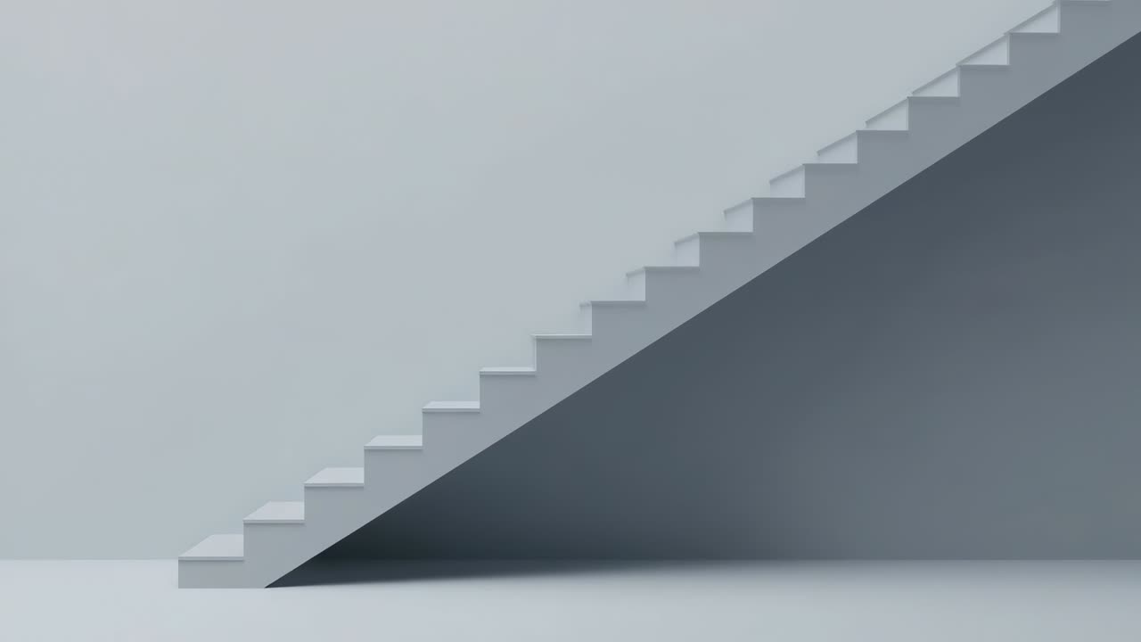 Camera recording light-gray floating staircase in minimalist studio, studying geometry and shadow