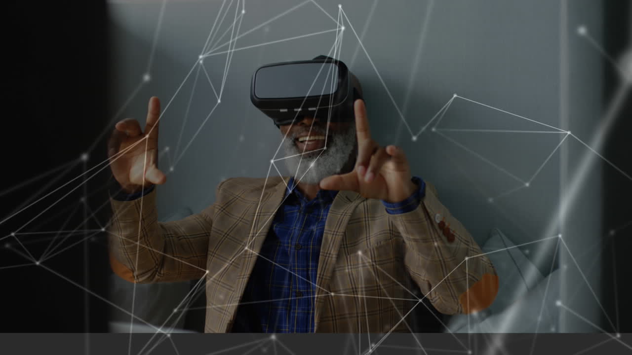 Old man wearing a virtual reality headset