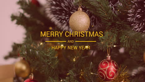 animación de feliz navidad y feliz año nuevo pancarta de texto sobre árbol de navidad decorativo