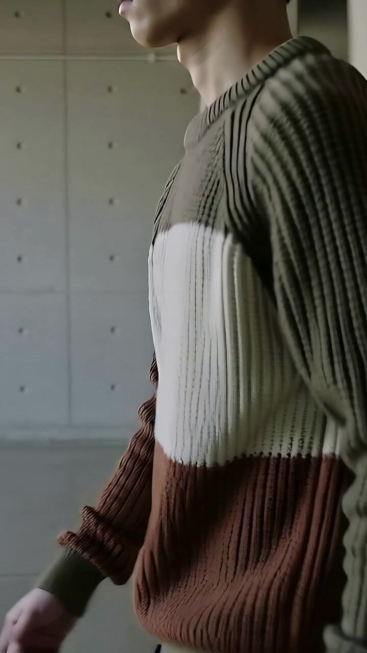 Video verticale: Uomo che cammina entrando da sinistra, attraversando la stanza oltre una parete di cemento, con un maglione a coste