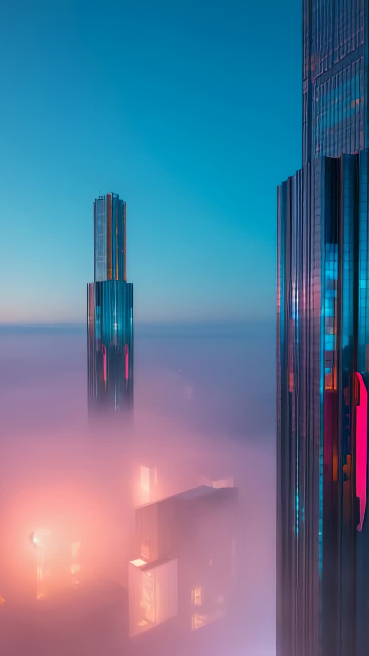 Vertical video: Shifting light causing right glass tower showing neon over foggy city, copy space