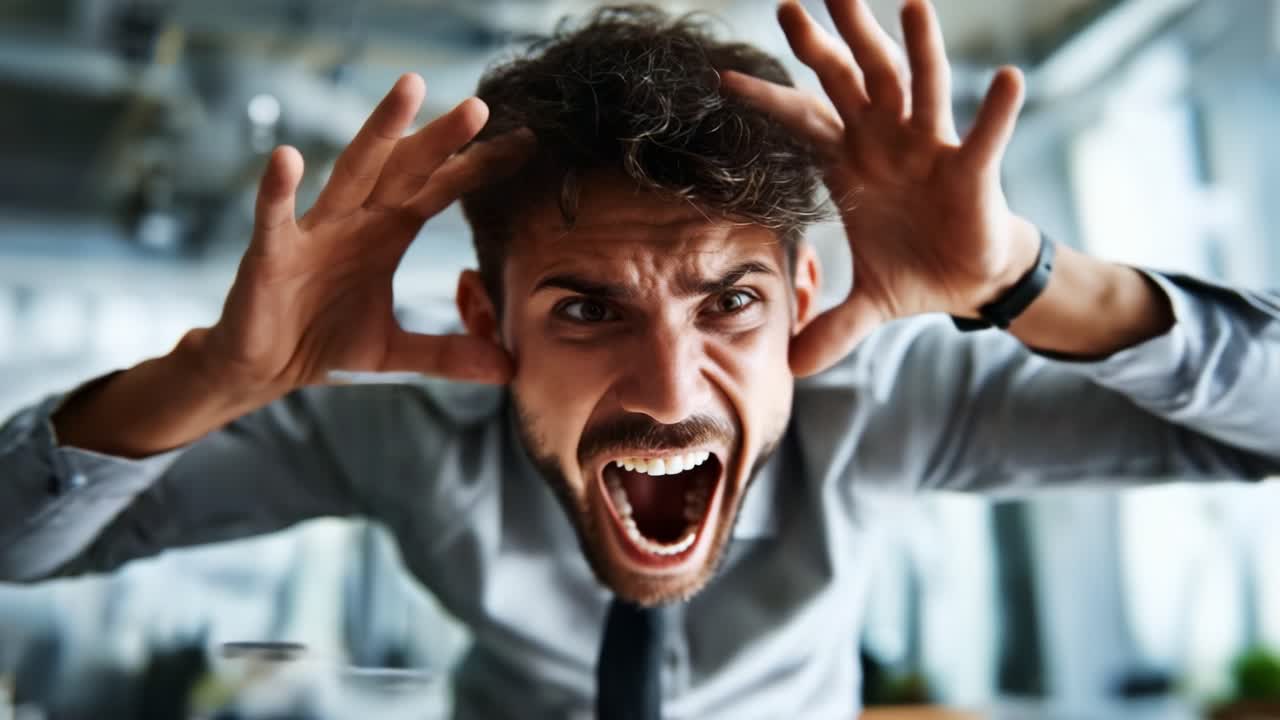 Intense Emotion Captured: A Frustrated Individual Struggling with Overwhelming Discontent in a Dynamic Work Environment