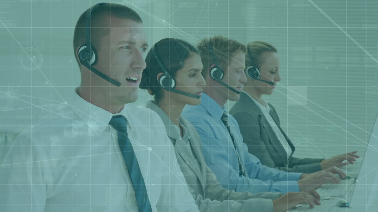 Animation of connections, data processing over business people using phone headsets