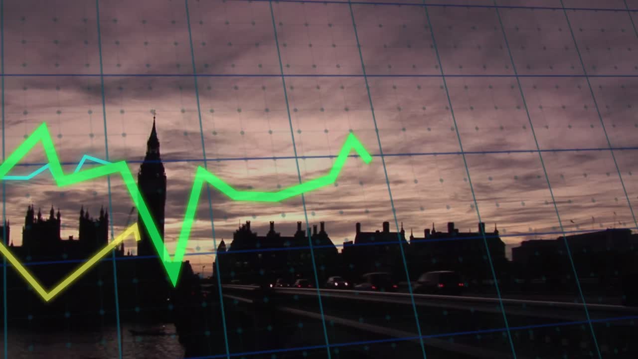 animación del procesamiento de datos financieros sobre el paisaje urbano de londres