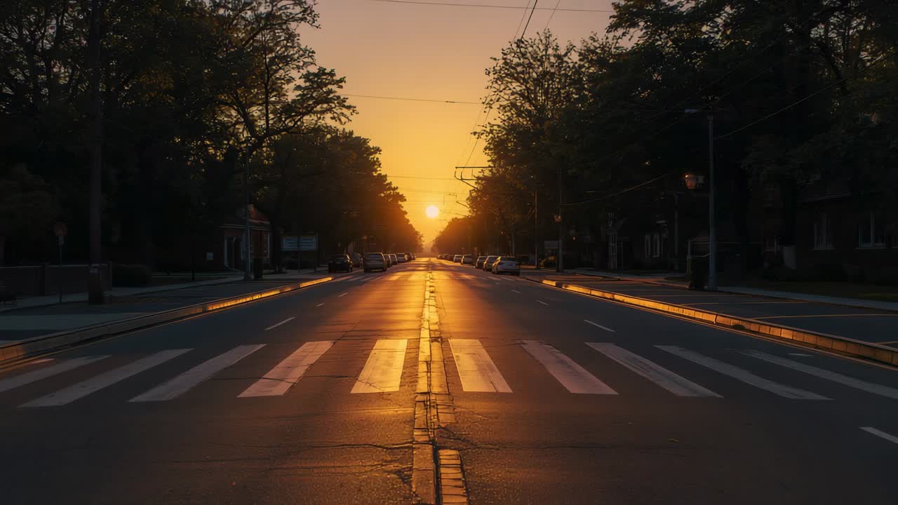 Il sole al tramonto proietta un riflesso dorato lungo una strada residenziale centrale, mostrando un passaggio pedonale.