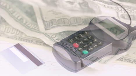 animation of dollar banknotes falling over payment terminal