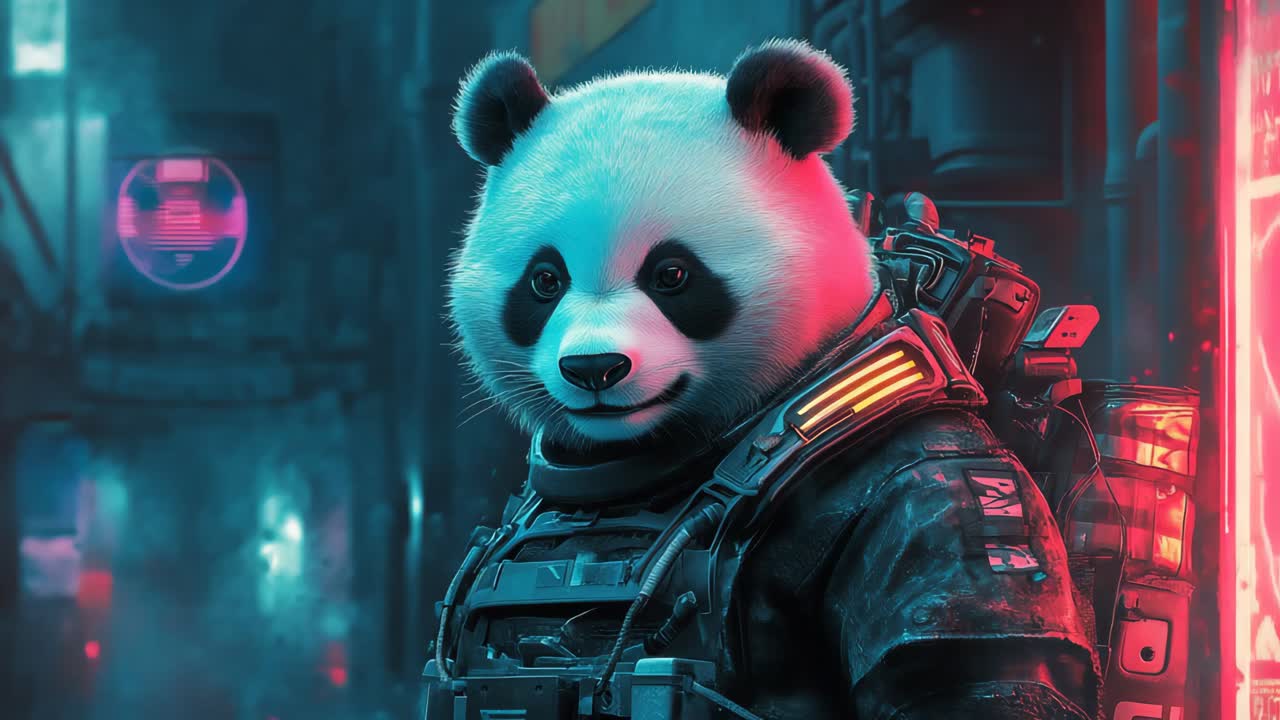 Panda astronauta in una città cyberpunk