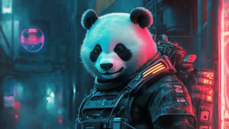 panda astronaut in cyberpunk city
