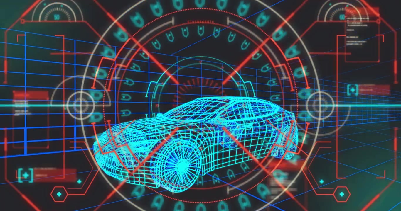 Su un wireframe ciano, un'auto appare su una griglia, con anelli di scansione rossi che spazzano le superfici registrando dati