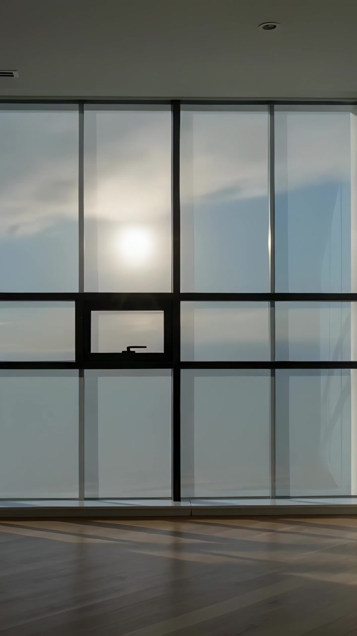 Vertical video: Passing clouds dimming sun through glass window in studio, showing casement handle