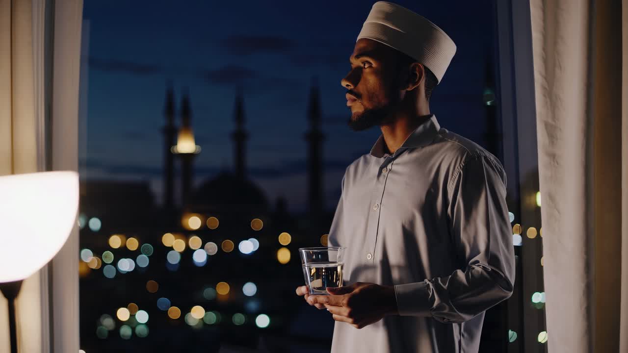 joven musulmán con una taqiyah y una camisa azul claro, con un vaso de agua en la mano, mirando por la ventana a las luces de la ciudad por la noche, con una mezquita en el fondo