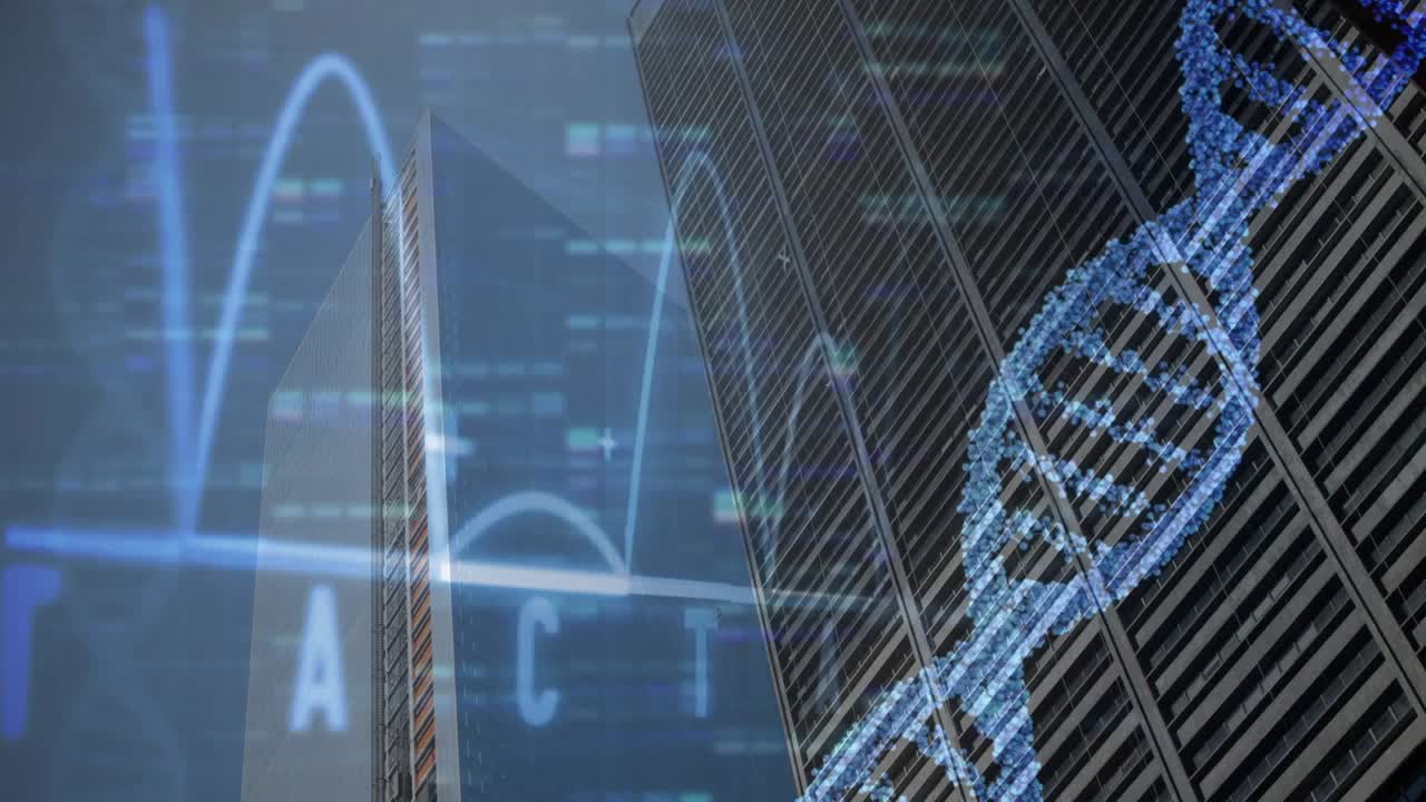 on start animating wave graph visualizing genetic code over skyline syncing DNA helix rotation