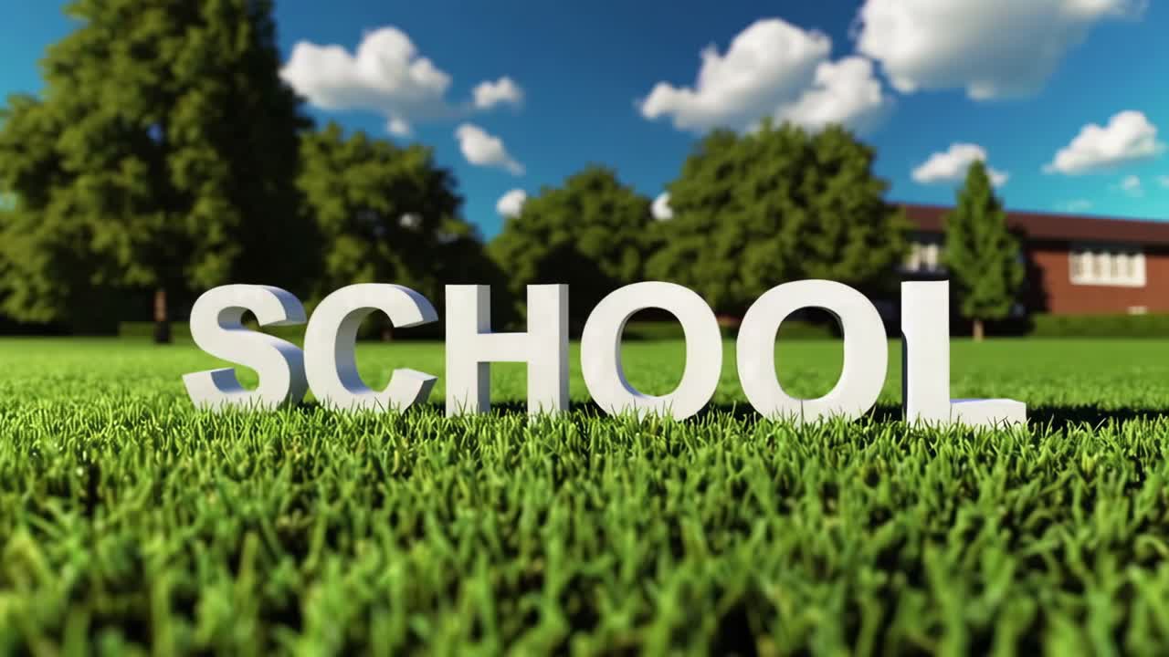 White 3d lettering of the word school standing on a perfectly mowed lawn in a park during a sunny day with trees and a blue sky with clouds in the background