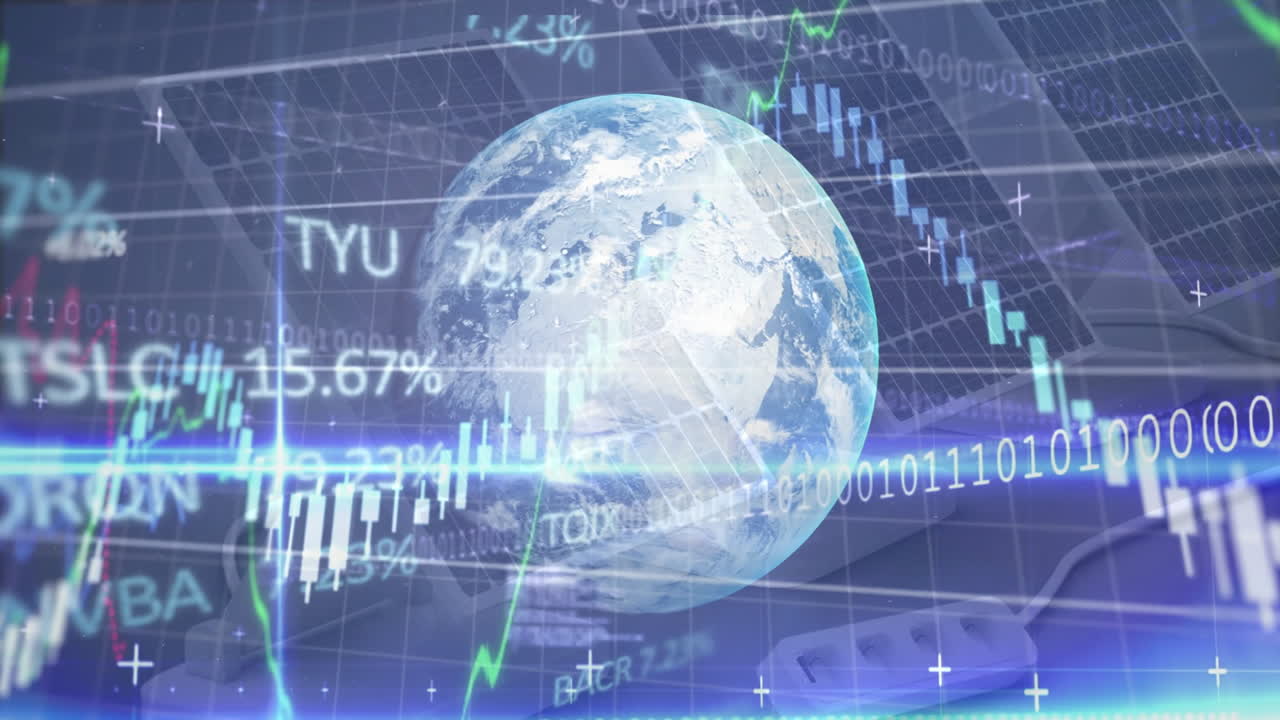 Earth surrounded by financial data and stock market graphs in digital animation