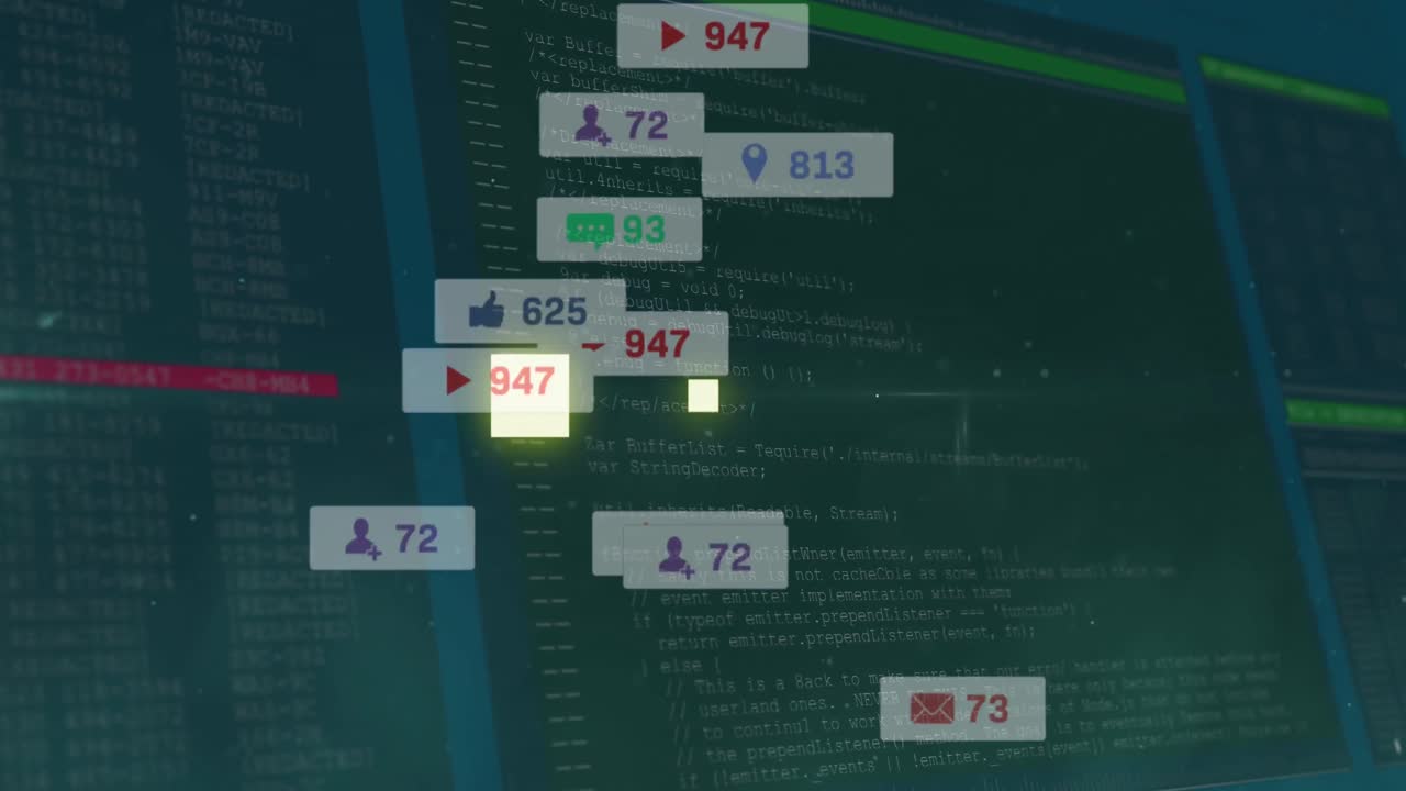 검은색 배경에 있는 데이터 처리 및 미디어 아이콘의 애니메이션