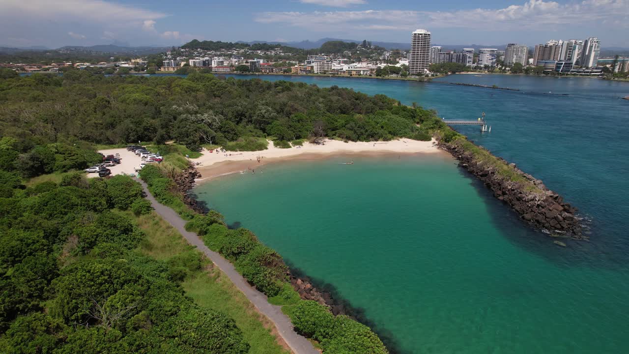 Marlo's Beach And Tweed River On A Sunny Day In NSW, Australia. - aerial pullback shot