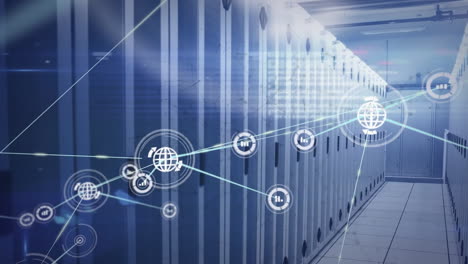 animation of data processing and media icons over server room