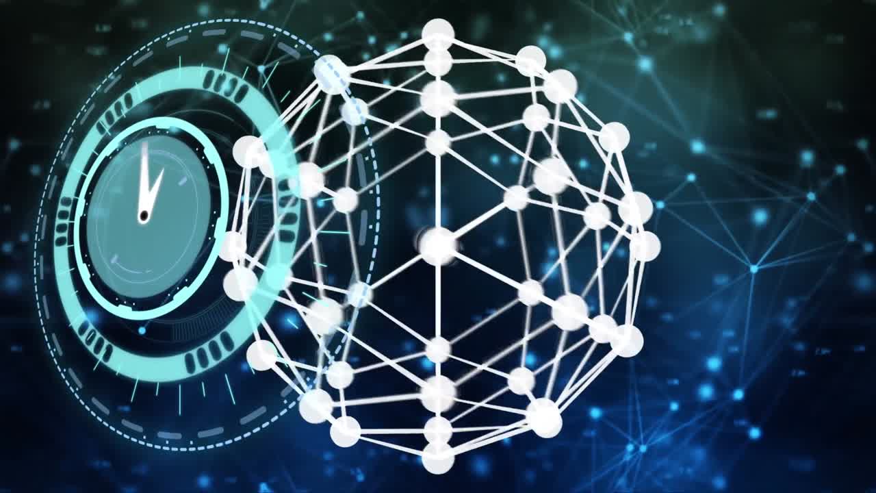 animación de reloj en movimiento y esfera giratoria sobre fondo azul y negro con constelaciones