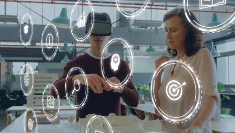 animación de iconos de negocios sobre diversas personas de negocios que usan auriculares vr.