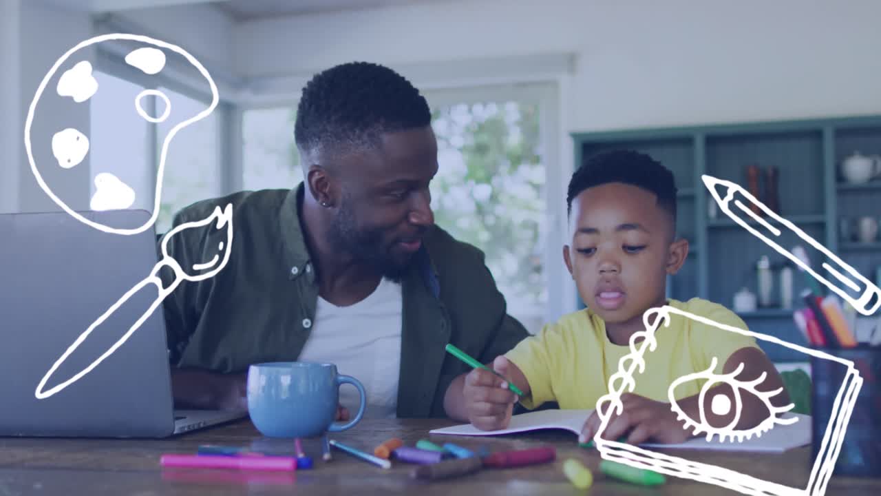 Animation of painting icons over happy african american father and son doing homework