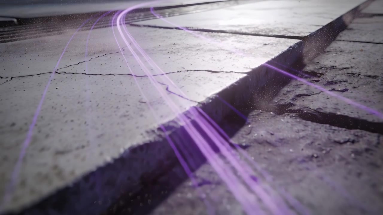 Appearing faintly, purple neon streaks tracing raised seam on cracked concrete slab, showing cracks