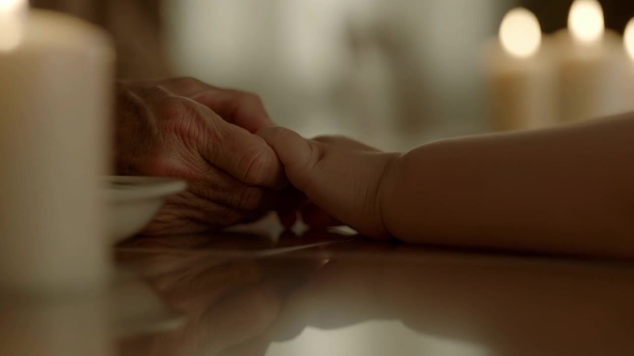 Low-angle close-up of elderly hand and child hand clasped on glossy tabletop, with slight finger curl and gentle tightening that convey steady contact, tender reassurance, family bond, and calm