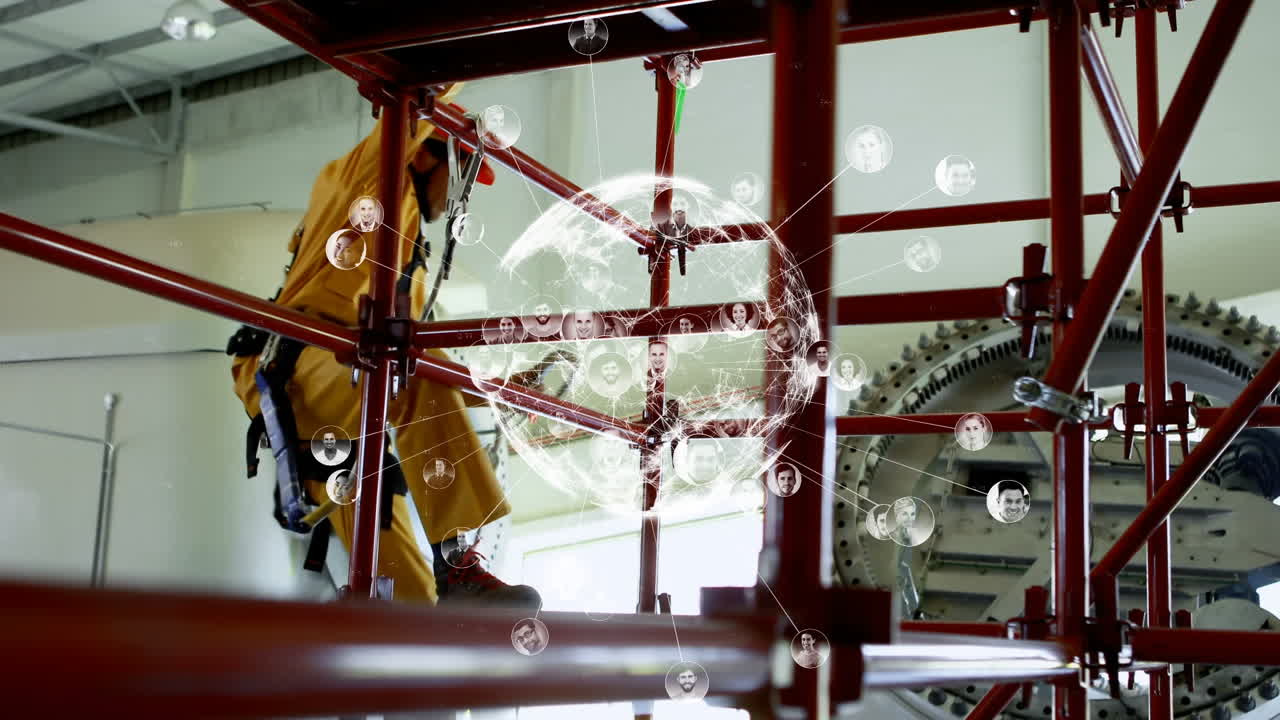 백인 남성 노동자 위에 사람들의 아이콘과 함께 지구촌의 애니메이션