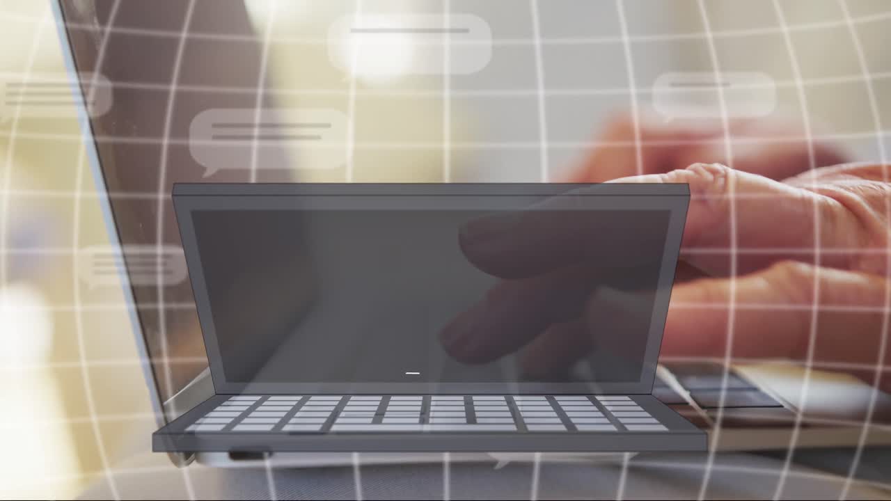 animación de procesamiento de datos sobre una mujer de negocios caucásica usando una computadora portátil