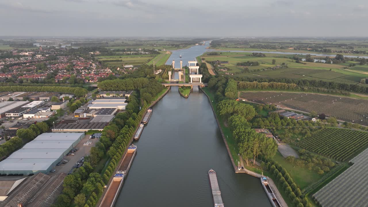 Prinses Irenesluizen at Wijk bij Duurstede, locks and sluices at the Amsterdam Rhine Canal, Aerial view.
