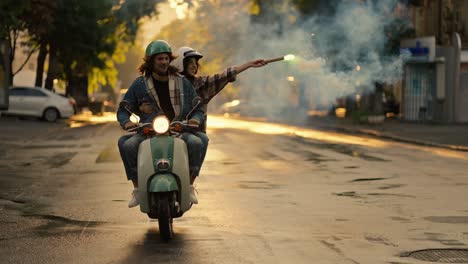 A-happy-guy-rides-along-a-wide-road-with-his-girlfriend-on-a-moped,-a-brunette-girl-in-a-checkered-shirt-holds-in-her-hands-a-green-fire-that-burns-beautifully-and-leaves-behind-a-smoky-trail-in-the-morning-in-the-city