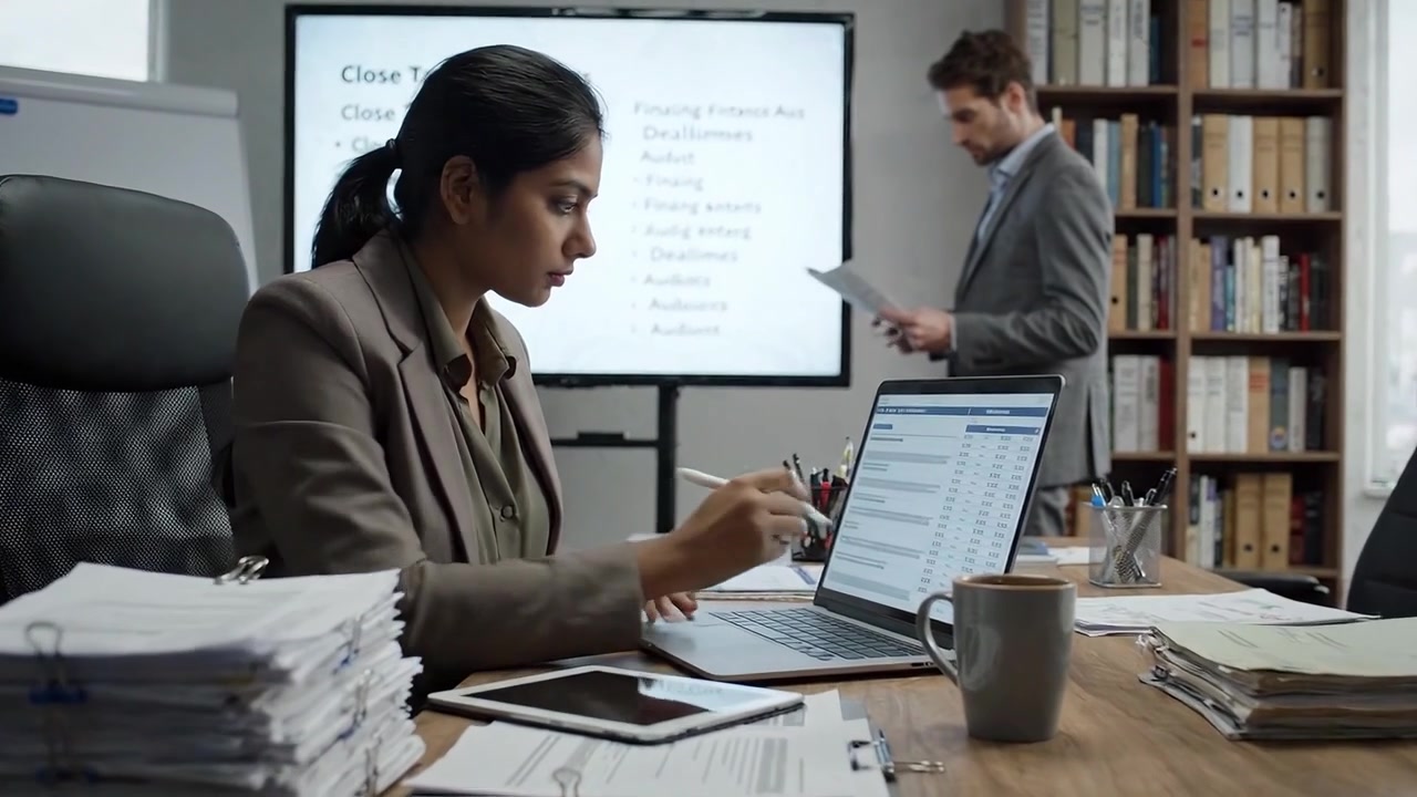 Escena de reunión de negocios: Profesionales colaborando en tareas y plazos en un entorno de oficina moderno con presentaciones y tecnología.