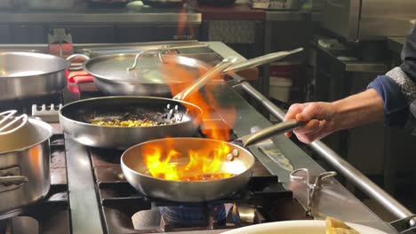 pan in flame in a commercial kitchen made with bandy and sherry wine while preparing sauce for foie gras