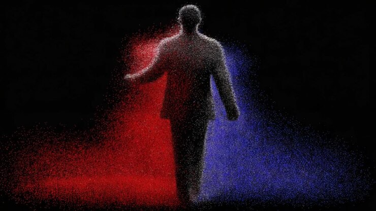 A figure walks through a dynamic and vivid split of red and blue light, embodying a powerful contrast in a visually striking and mesmerizing background atmosphere