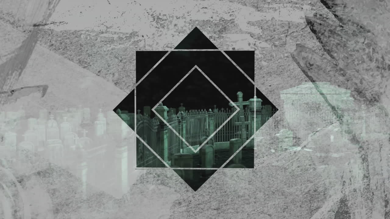 Overlaying geometric shapes on cemetery scene with textured background in animation