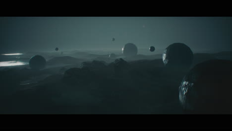 alien planet desert landscape at night with strange sphere-shaped buildings