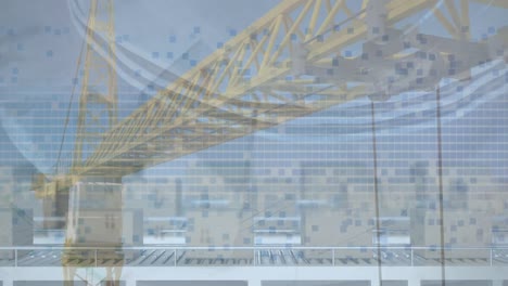 animation of cardboard boxes on conveyer belt, crane and house model on digital interface