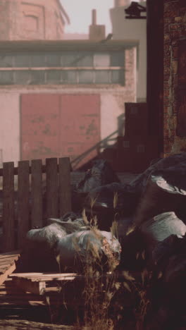 trash bags in front of an abandoned building