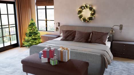 contemporary bedroom with xmas gifts and a decorated fir - vertical interior design