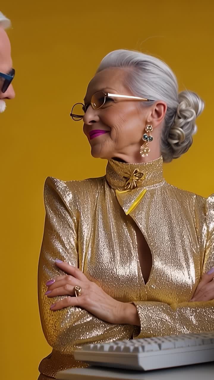 Una modella elegante in un lucido abito dorato, che sfoggia accessori eleganti e posa con sicurezza con una tastiera su uno sfondo giallo brillante.