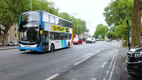 stagecoach bus driving through oxford, england