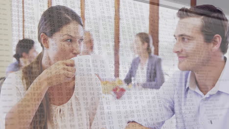animation of changing numbers over diverse couple discussing while drinking coffee at cafes