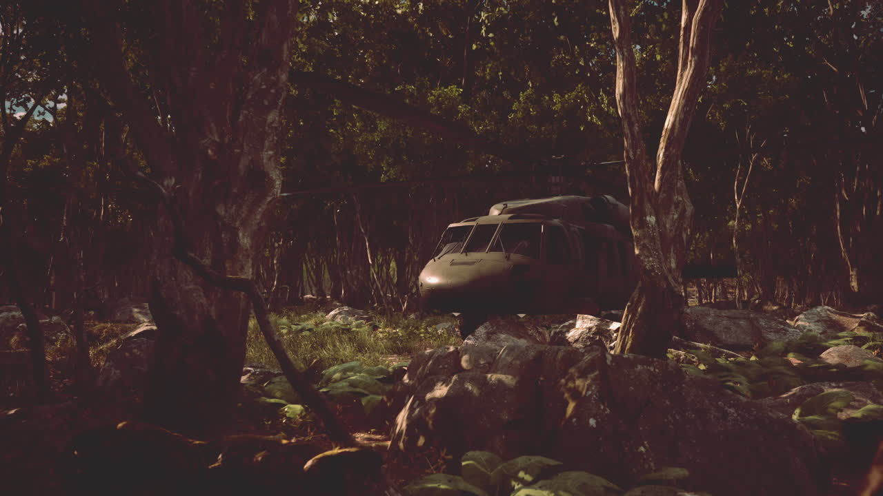 깊은 정글에서 군사 헬리 ⁇ 터