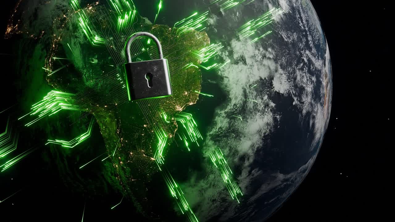 Planet Earth showing South America from space with green cyber lock and digital network lines. Cybersecurity and data protection visualization. Global information security wallpaper