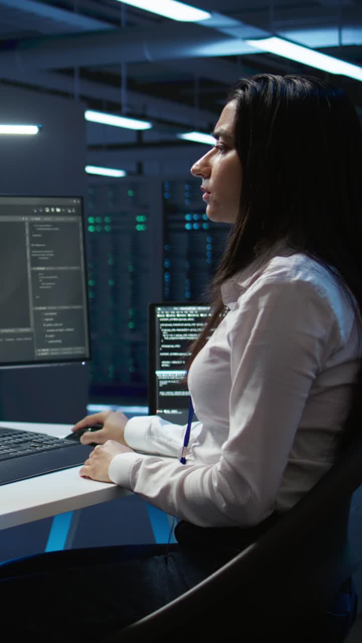 Programmatrice che lavora al computer in un centro dati buio