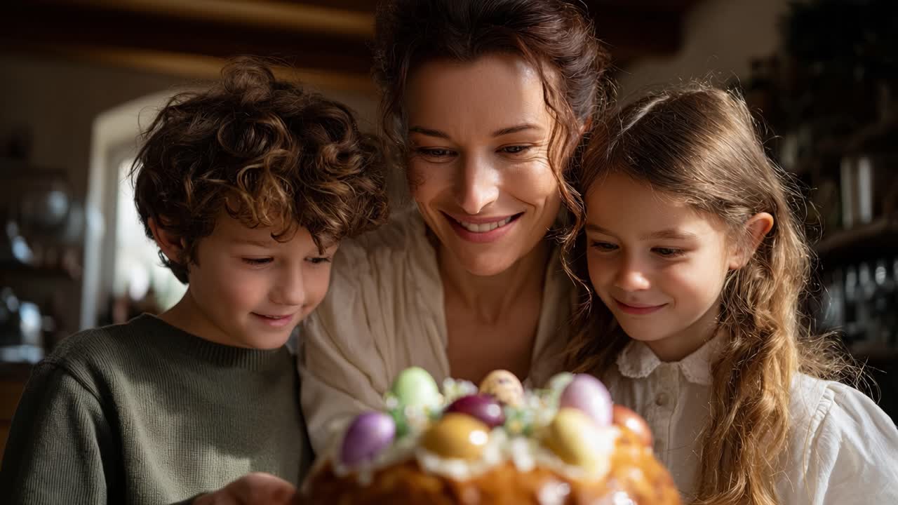 Joyful Celebration: A Mother and Her Children Admire a Beautifully Decorated Easter Cake with Colorful Eggs, Radiating Happiness and Togetherness in a Warm Setting