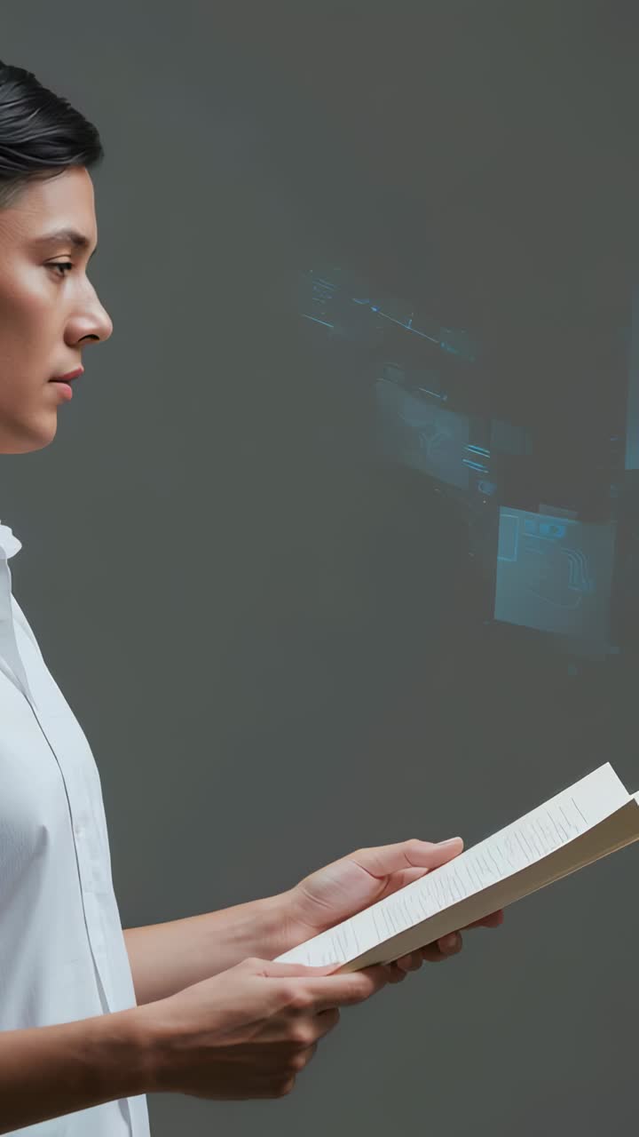 Vertical video: Reading woman white top with book in set as blue cards appearing right, copy space